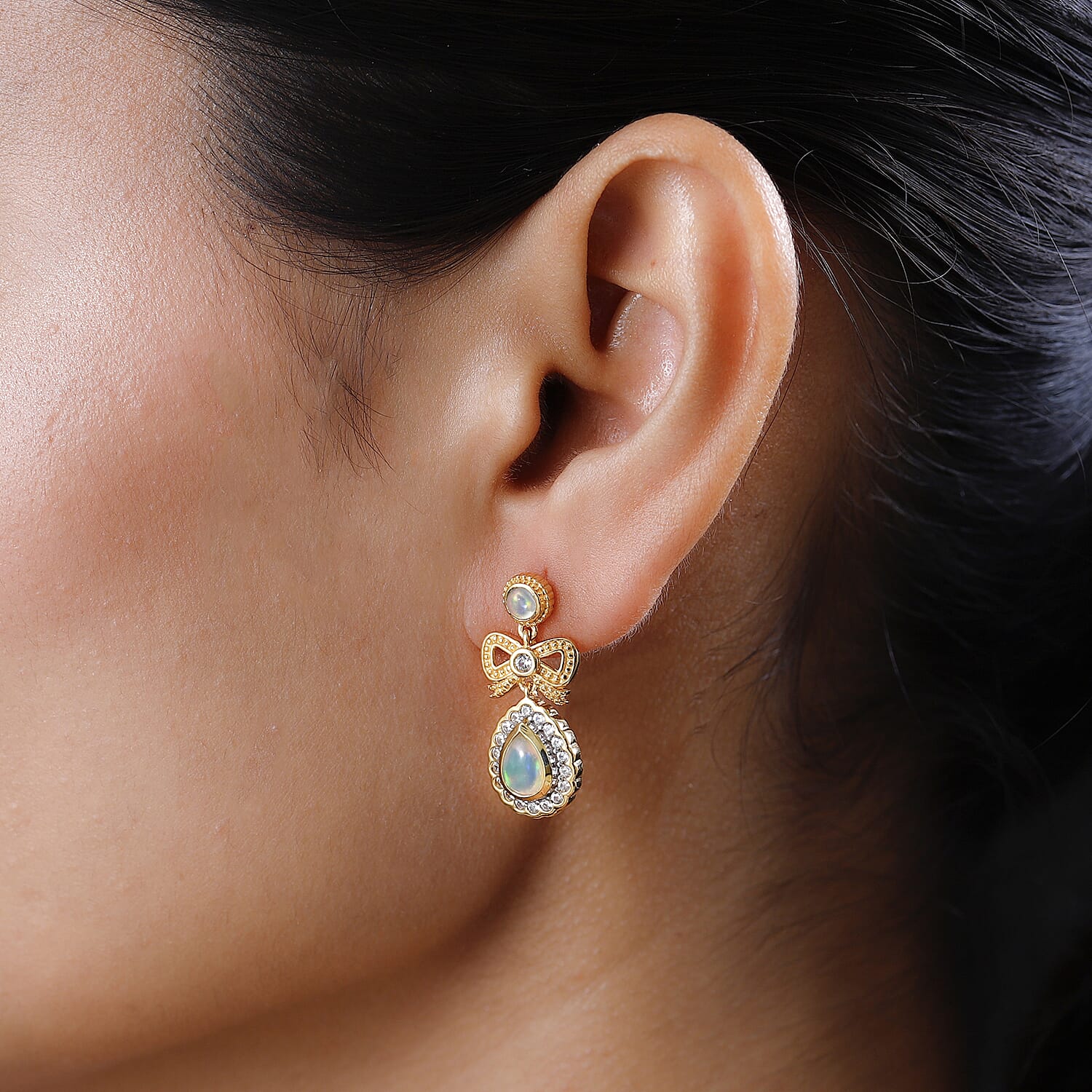 Ethiopian Welo Opal &amp; Natural Zircon Earrings in 18K Yellow Gold Vermeil Plated Sterling Silver 1.94 Ct. 7566192 2