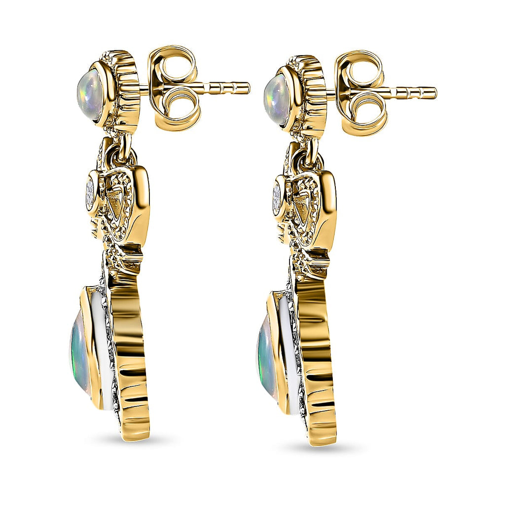 Ethiopian Welo Opal & Natural Zircon Earrings in 18K Yellow Gold Vermeil Plated Sterling Silver 1.94 Ct.