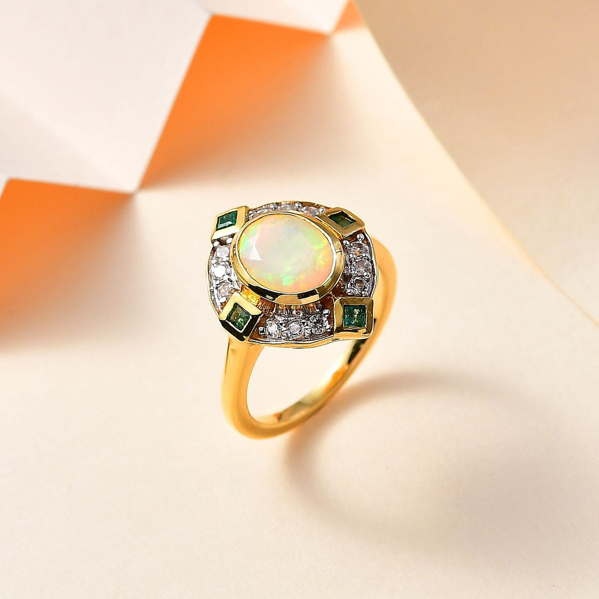 Ethiopian Opal, White Zircon, Zambian Emerald Ring in 18K Vermeil YG Plated Sterling Silver 1.81 ct 1.735 Ct. 7766976 1