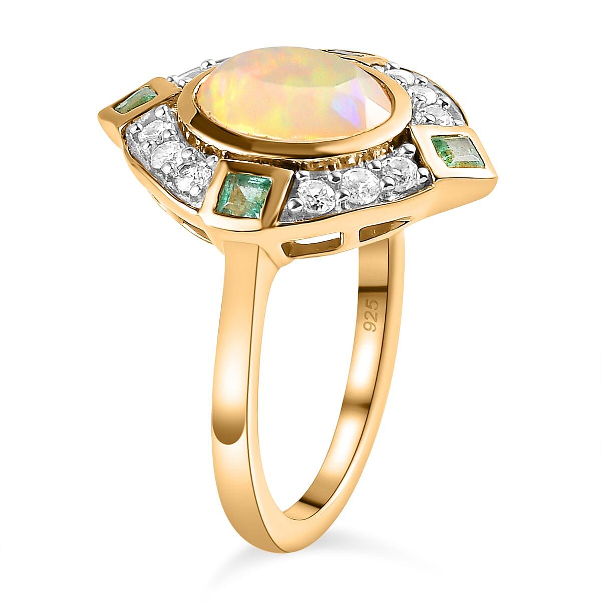 Ethiopian Opal, White Zircon, Zambian Emerald Ring in 18K Vermeil YG Plated Sterling Silver 1.81 ct 1.735 Ct. 7766976 4