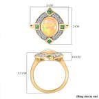 Ethiopian Welo Opal, Natural Zircon & Zambian Emerald Halo Ring in 18K Vermeil Yellow Gold Plated Sterling Silver 1.74 Ct