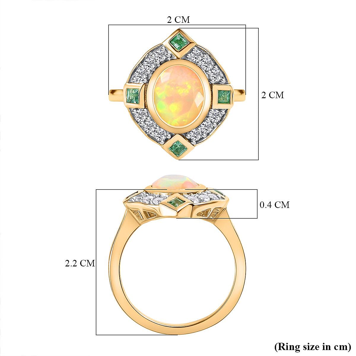 Ethiopian Opal, White Zircon, Zambian Emerald Ring in 18K Vermeil YG Plated Sterling Silver 1.81 ct 1.735 Ct. 7766976 6