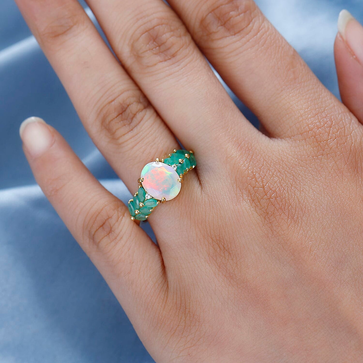 Ethiopian Welo Opal, Zambian Emerald and Natural Zircon Ring in 18K Yellow Gold Vermeil Plated Sterling Silver 2.37 Ct. 7796355 3