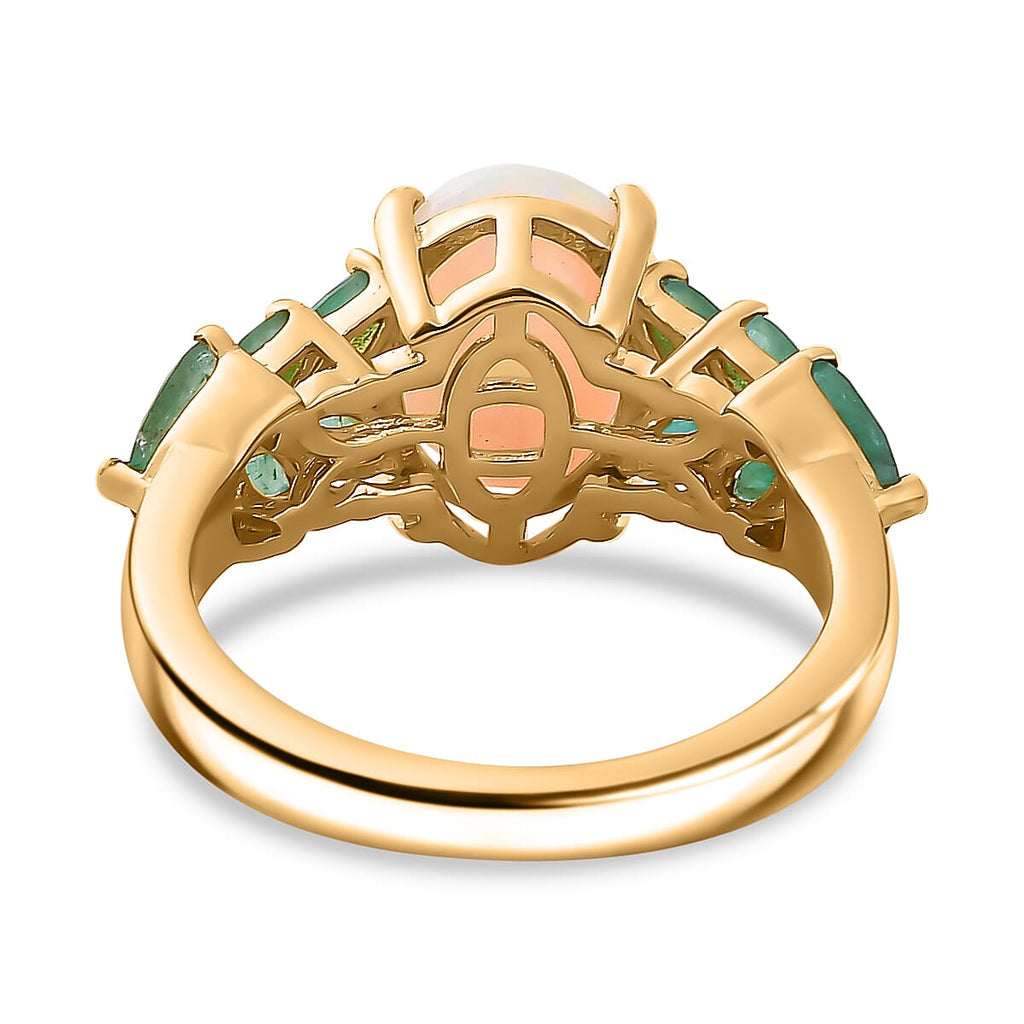 Ethiopian Welo Opal, Zambian Emerald & Natural Zircon Ring in 18K Vermeil Yellow Gold Plated Sterling Silver 2.38 Ct.