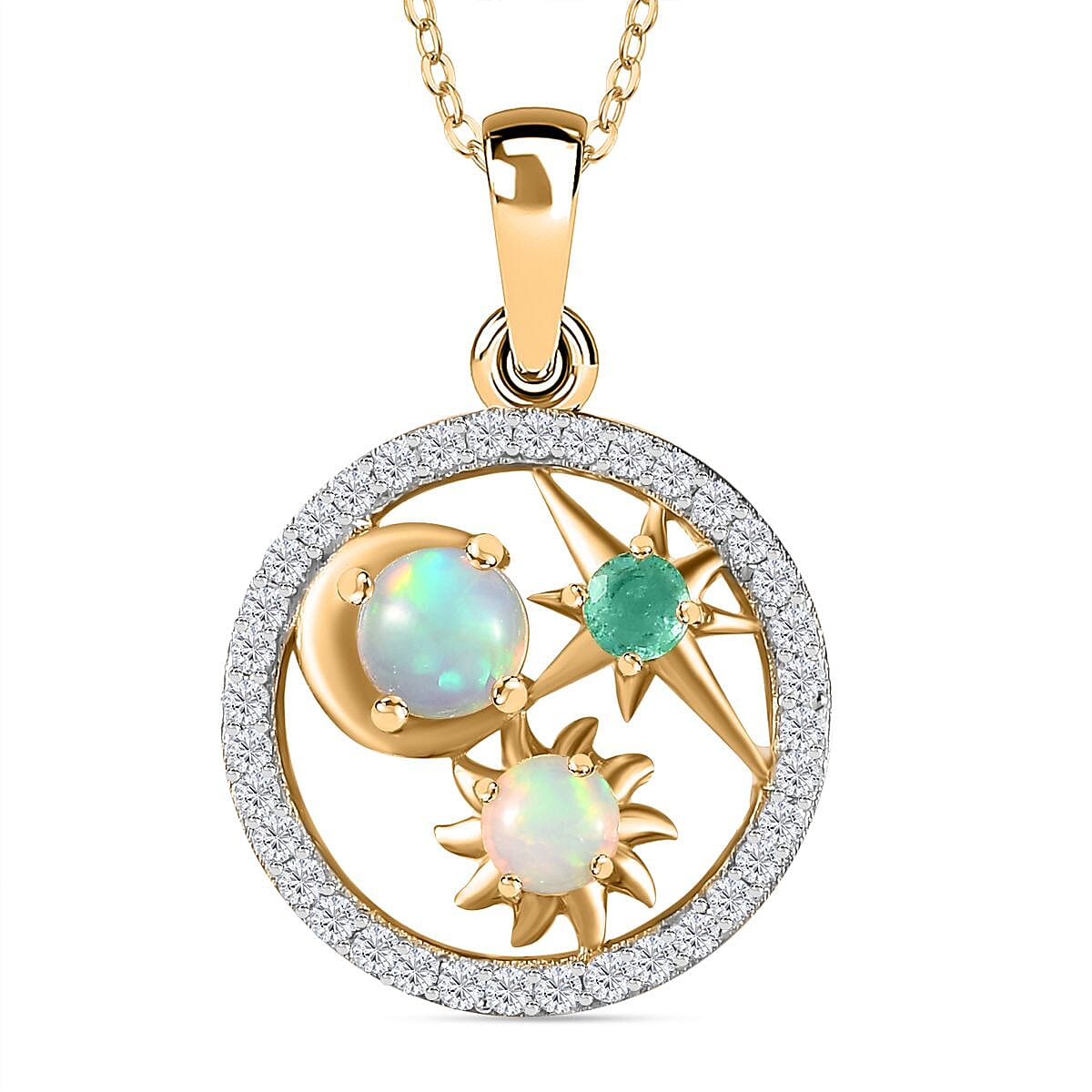 Cosmic Collection - Ethiopian Welo Opal, Natural Zircon and Zambian Emerald Pendant with Chain (Size 20) in 18K Yellow Gold Vermeil Plated Sterling Silver 1.55 Ct. 4280559 0