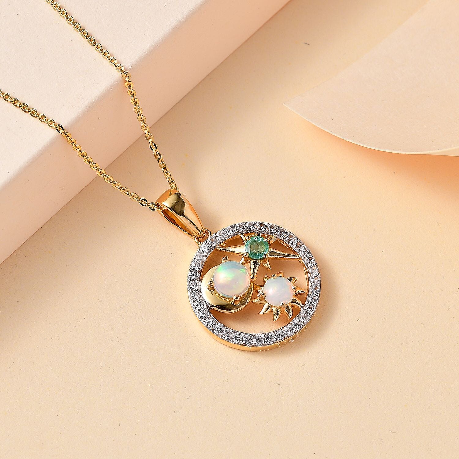 Cosmic Collection - Ethiopian Welo Opal, Natural Zircon and Zambian Emerald Pendant with Chain (Size 20) in 18K Yellow Gold Vermeil Plated Sterling Silver 1.55 Ct. 4280559 2
