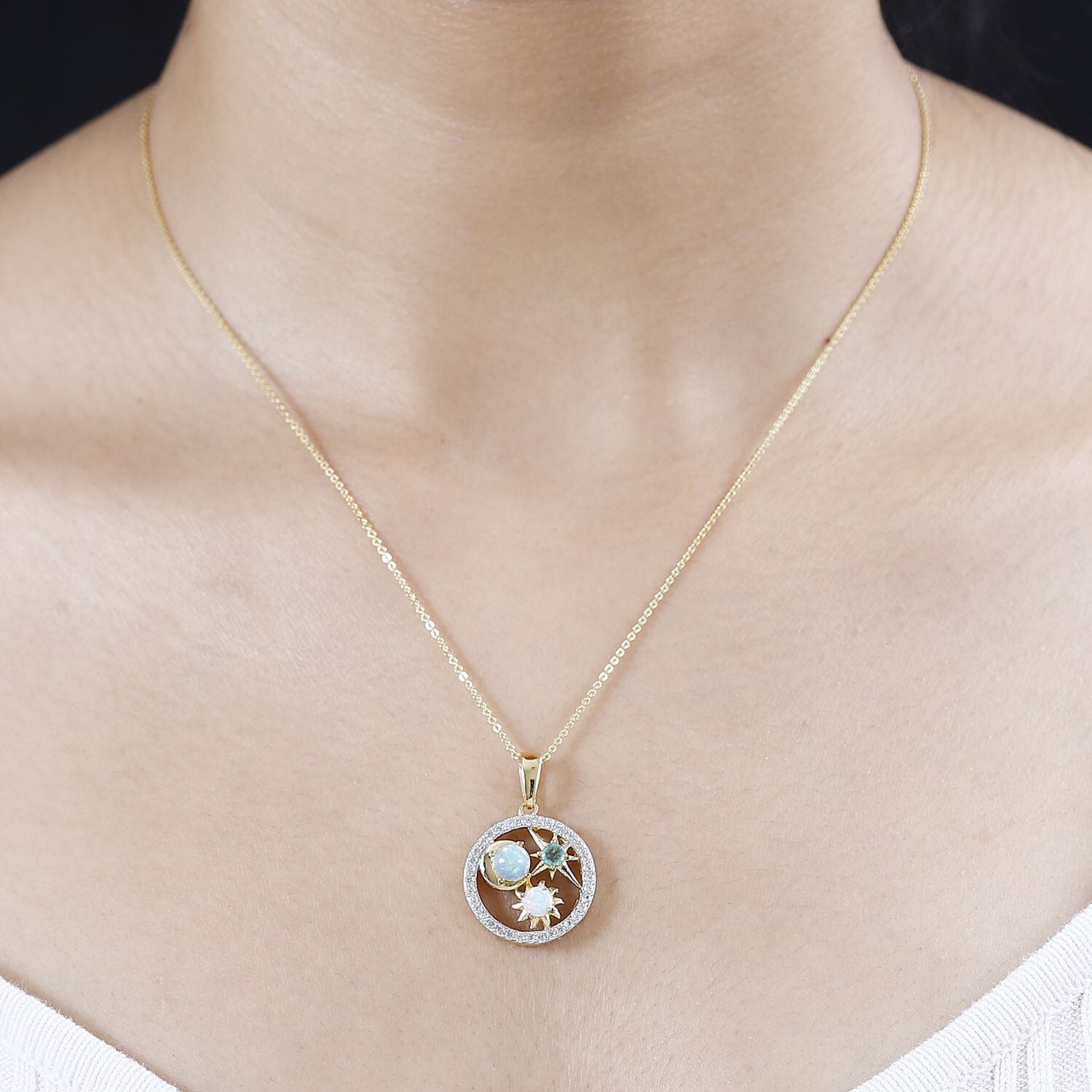Cosmic Collection - Ethiopian Welo Opal, Natural Zircon and Zambian Emerald Pendant with Chain (Size 20) in 18K Yellow Gold Vermeil Plated Sterling Silver 1.55 Ct. 4280559 3