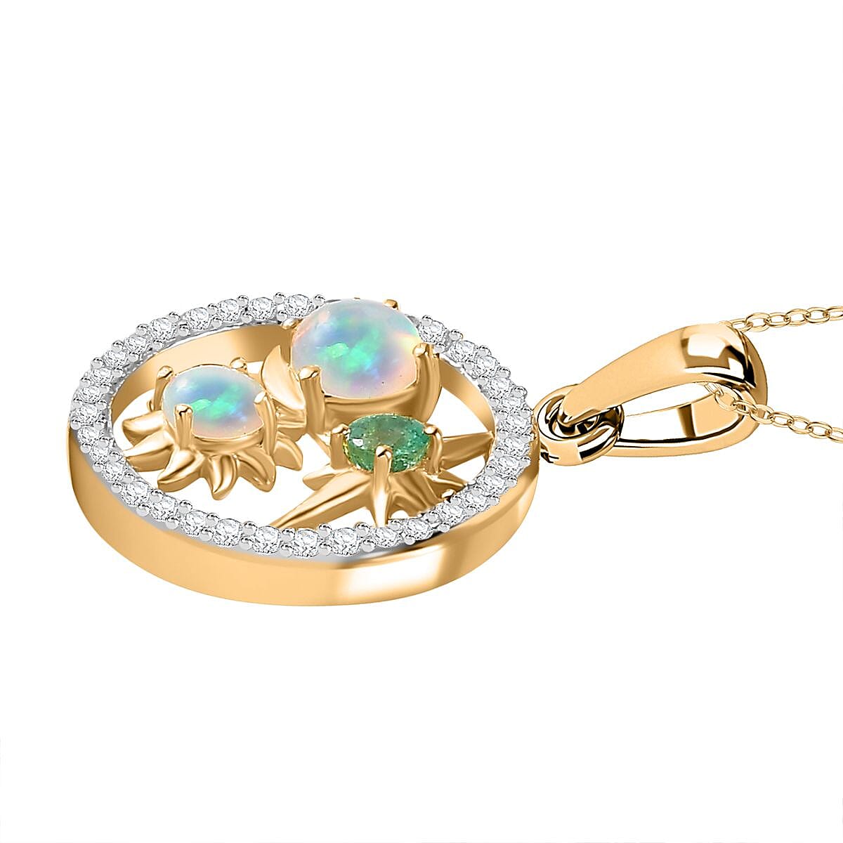 Cosmic Collection - Ethiopian Welo Opal, Natural Zircon and Zambian Emerald Pendant with Chain (Size 20) in 18K Yellow Gold Vermeil Plated Sterling Silver 1.55 Ct. 4280559 4