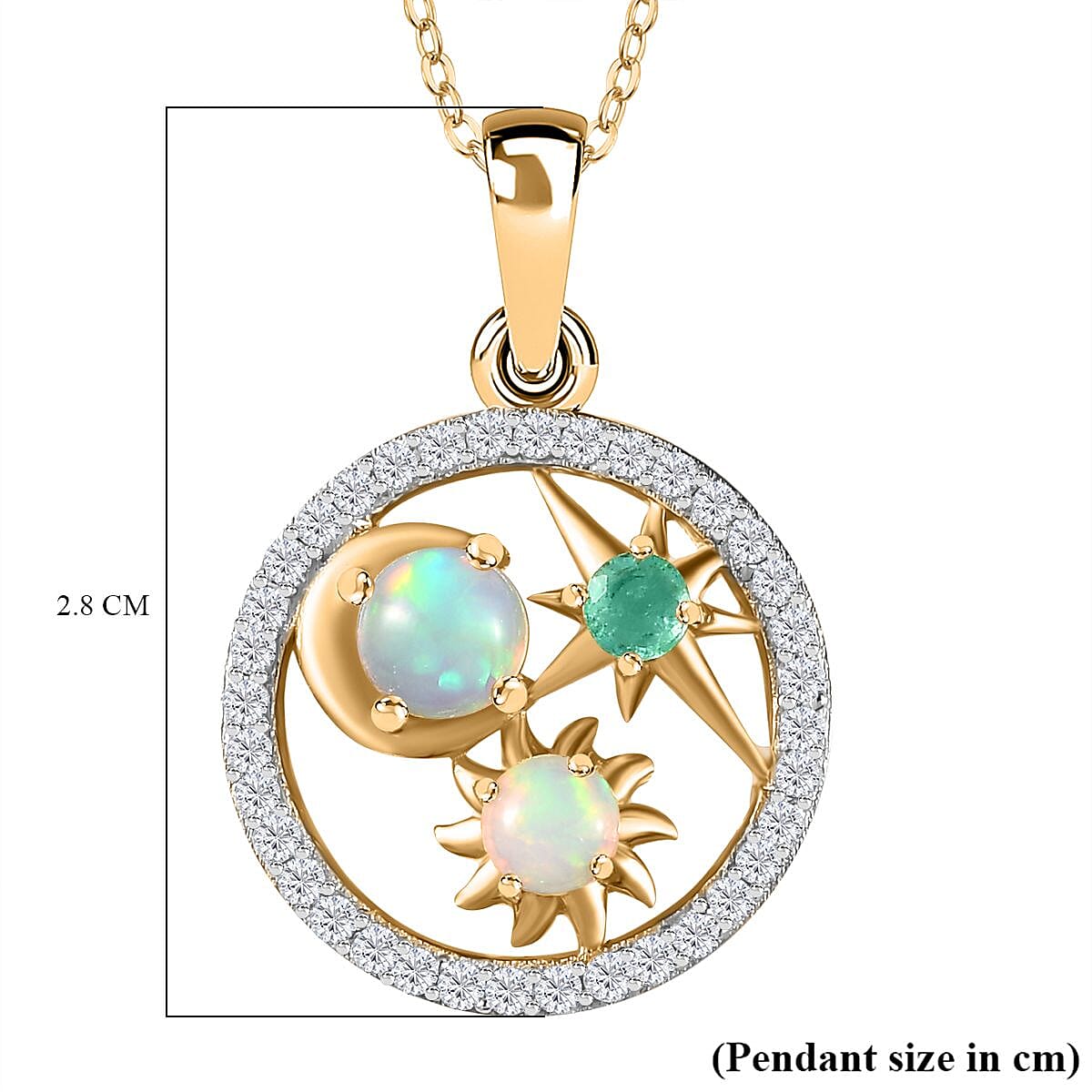 Cosmic Collection - Ethiopian Welo Opal, Natural Zircon and Zambian Emerald Pendant with Chain (Size 20) in 18K Yellow Gold Vermeil Plated Sterling Silver 1.55 Ct. 4280559 6