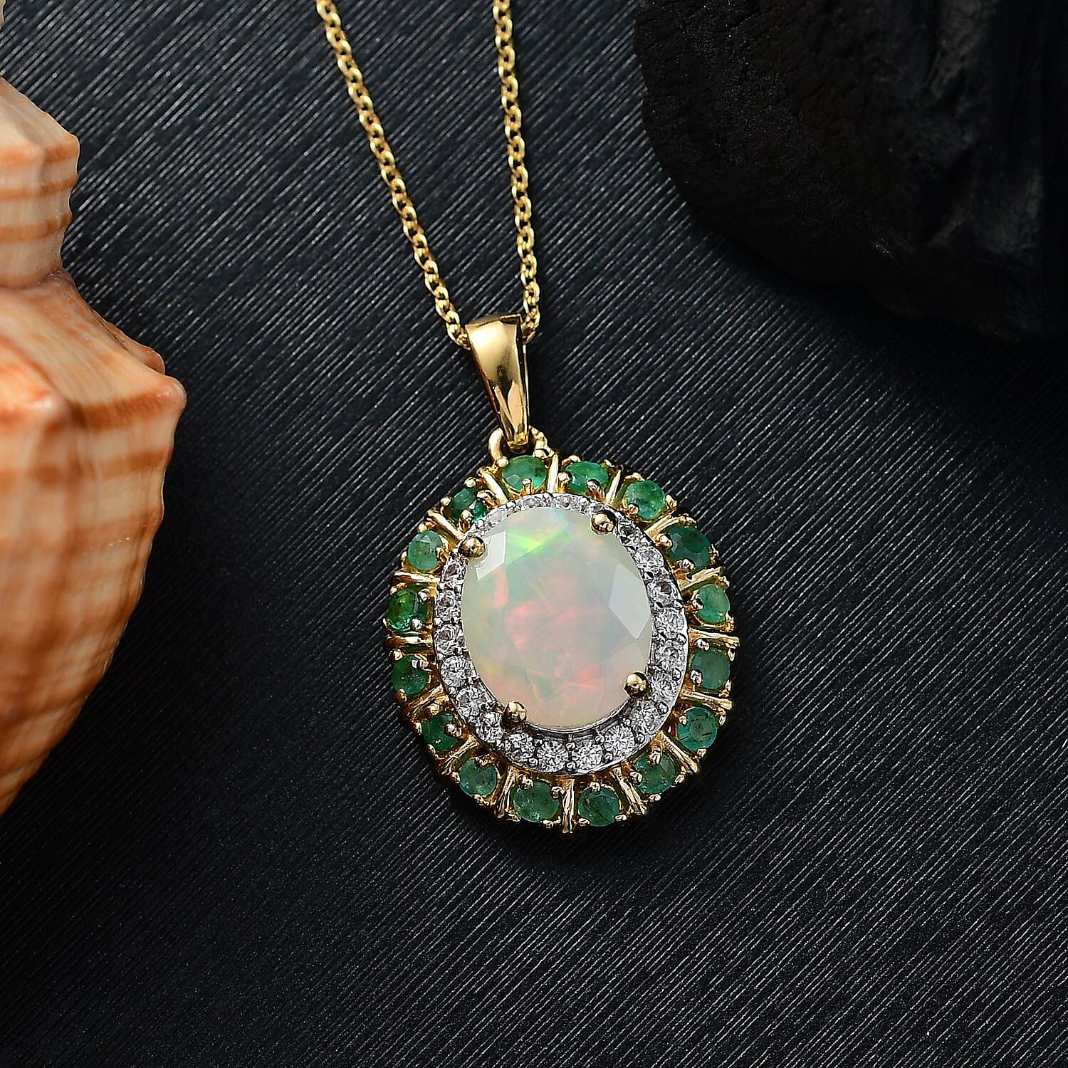 Ethiopian Faceted Opal, Zambian Emerald and White Zircon Halo Pendant with Chain (Size 20) in 18K Vermeil Yellow Gold Plated Sterling Silver 3.17 Ct. 4362208 6