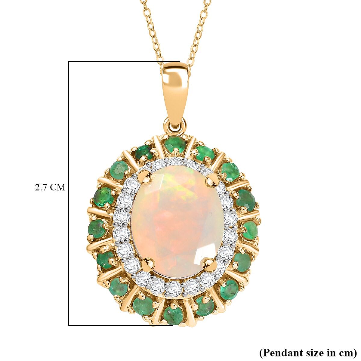Ethiopian Faceted Opal, Zambian Emerald and White Zircon Halo Pendant with Chain (Size 20) in 18K Vermeil Yellow Gold Plated Sterling Silver 3.17 Ct. 4362208 12