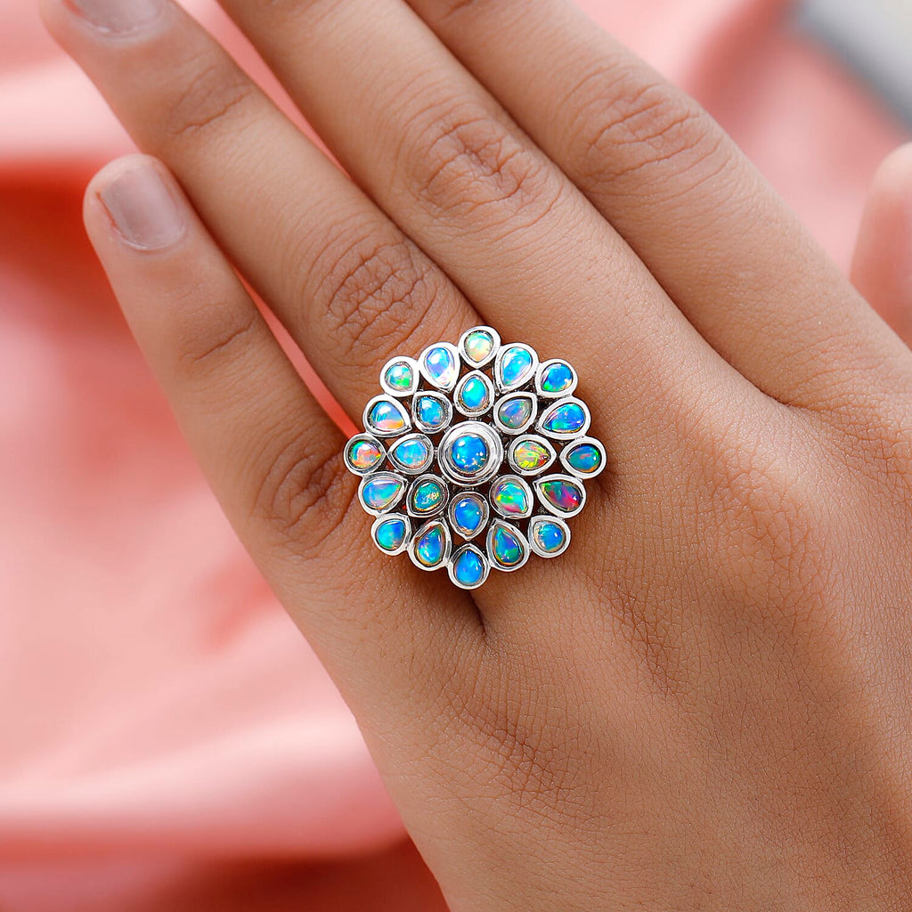 Ethiopian Welo Opal Cluster Ring in Platinum Overlay Sterling Silver  2.85 Ct, Silver Wt. 6.87 Gms