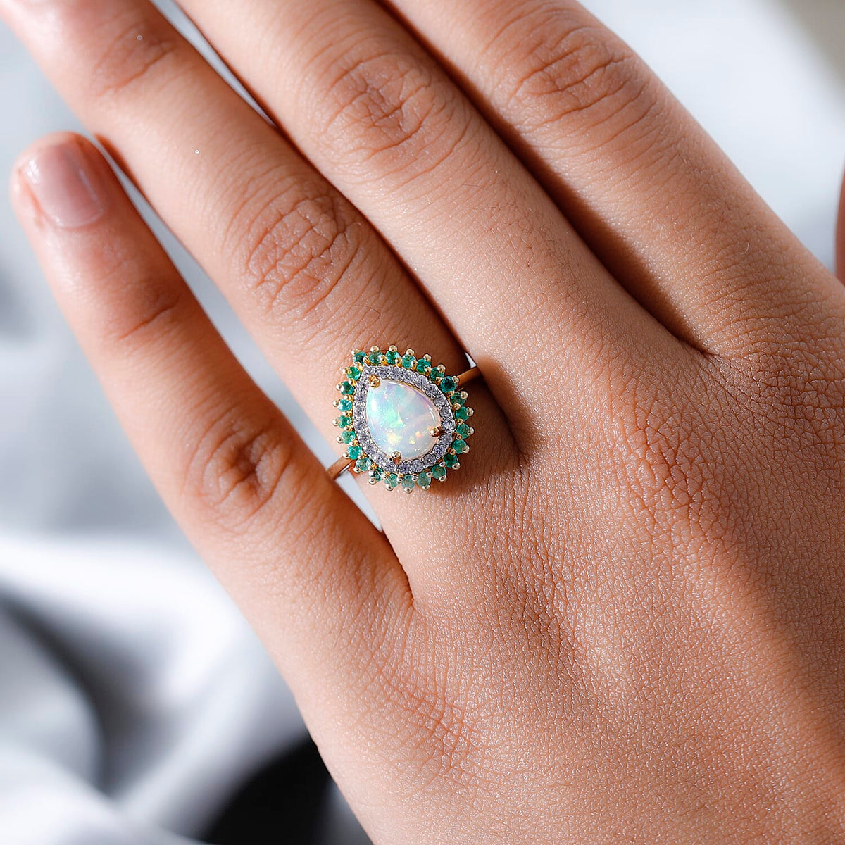 Ethiopian Welo Opal, Emerald and Natural Zircon Ring in 18K Yellow Gold Vermeil Plated Sterling Silver 1.861 Ct. 7380507 6