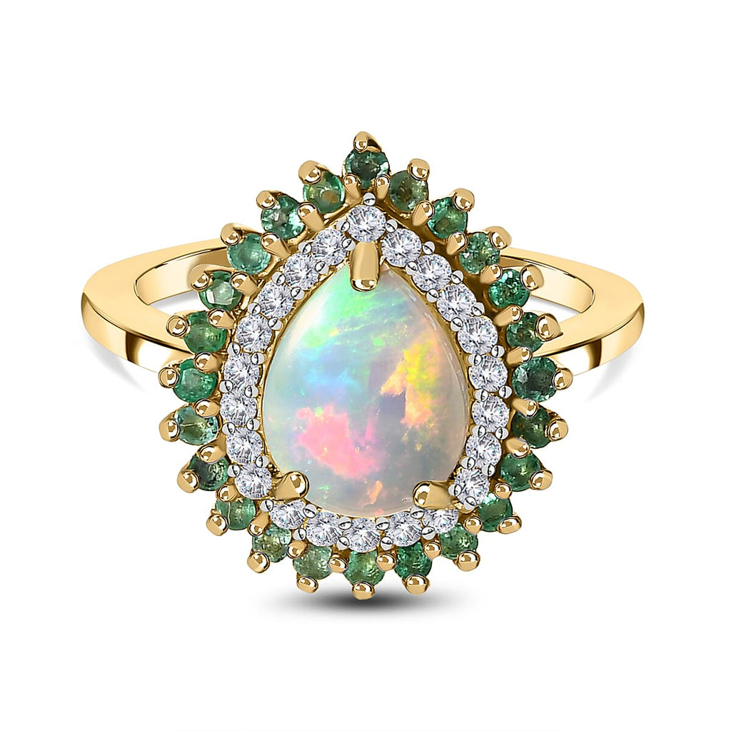 Ethiopian Welo Opal, Emerald and Natural Zircon Ring in 18K Yellow Gold Vermeil Plated Sterling Silver 1.861 Ct.