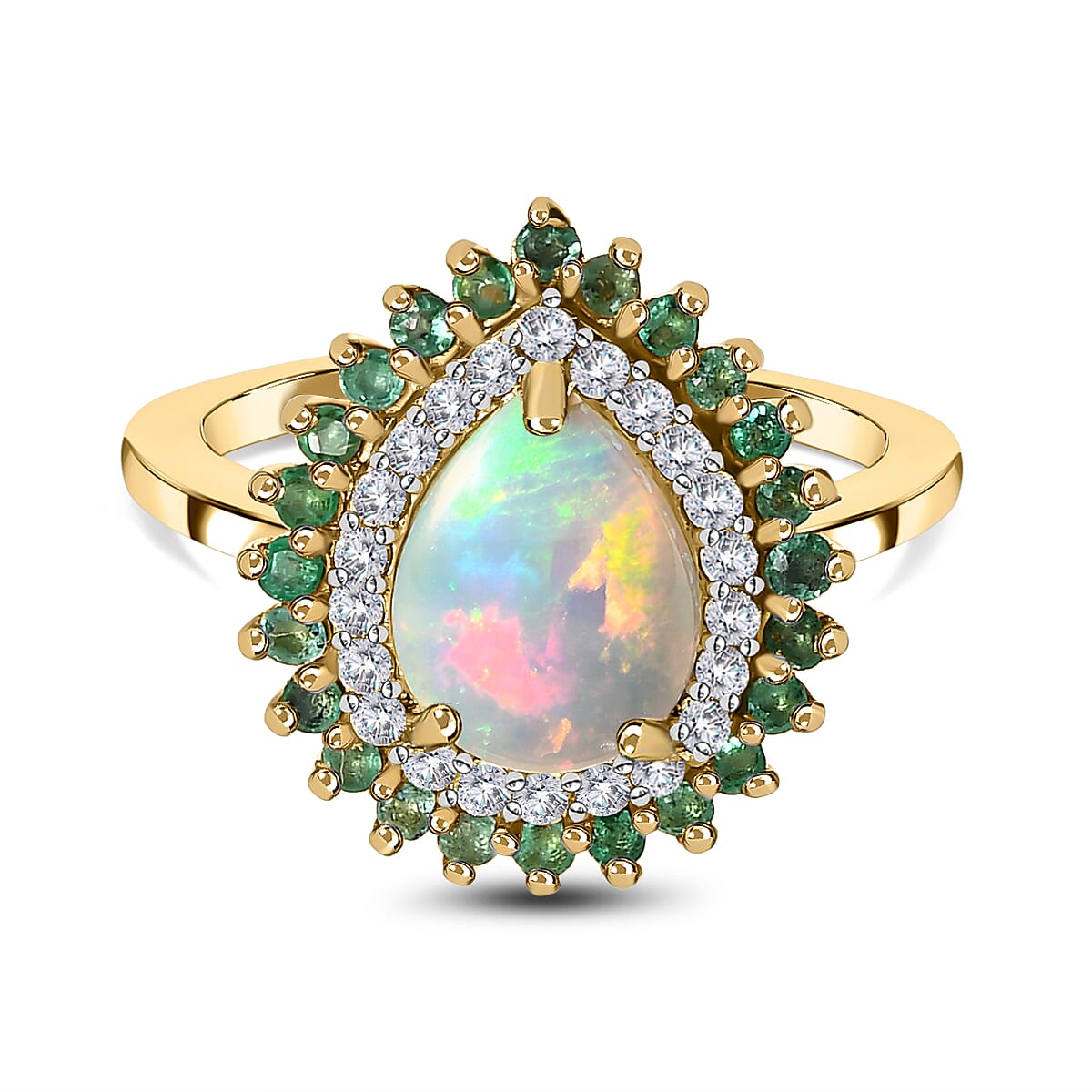 Ethiopian Welo Opal, Emerald and Natural Zircon Ring in 18K Yellow Gold Vermeil Plated Sterling Silver 1.861 Ct. 7380507 0