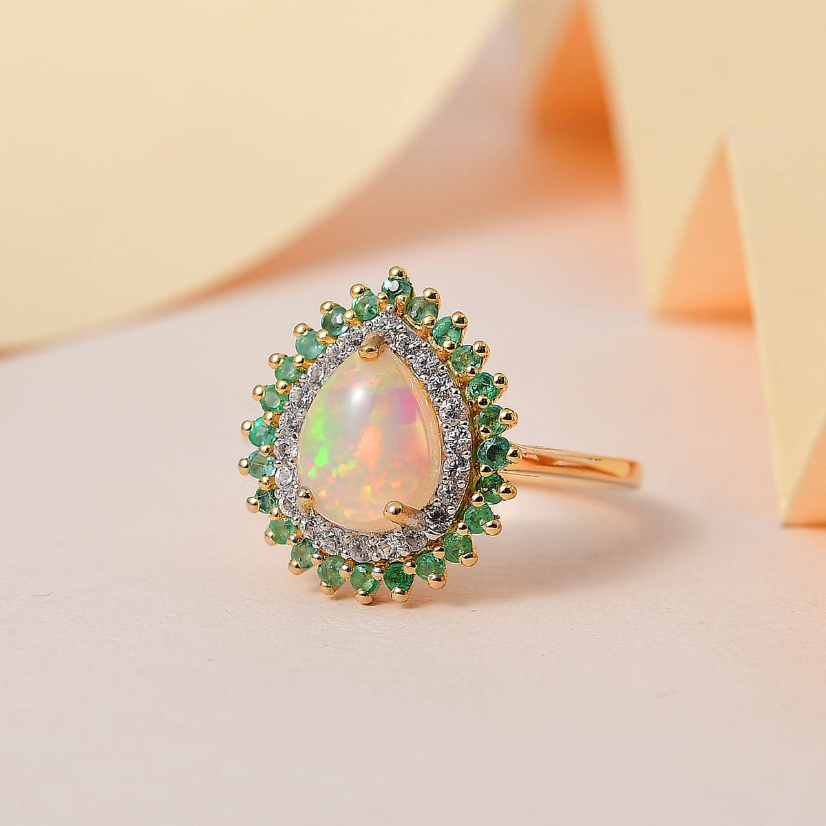 Ethiopian Welo Opal, Emerald and Natural Zircon Ring in 18K Yellow Gold Vermeil Plated Sterling Silver 1.861 Ct. 7380507 3