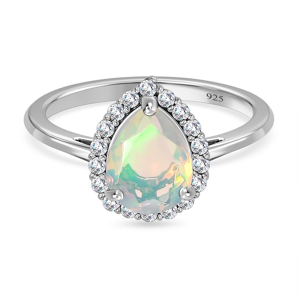 Ethiopian Welo Opal & Natural Zircon Ring in Platinum Overlay Sterling Silver 1.39 Ct.