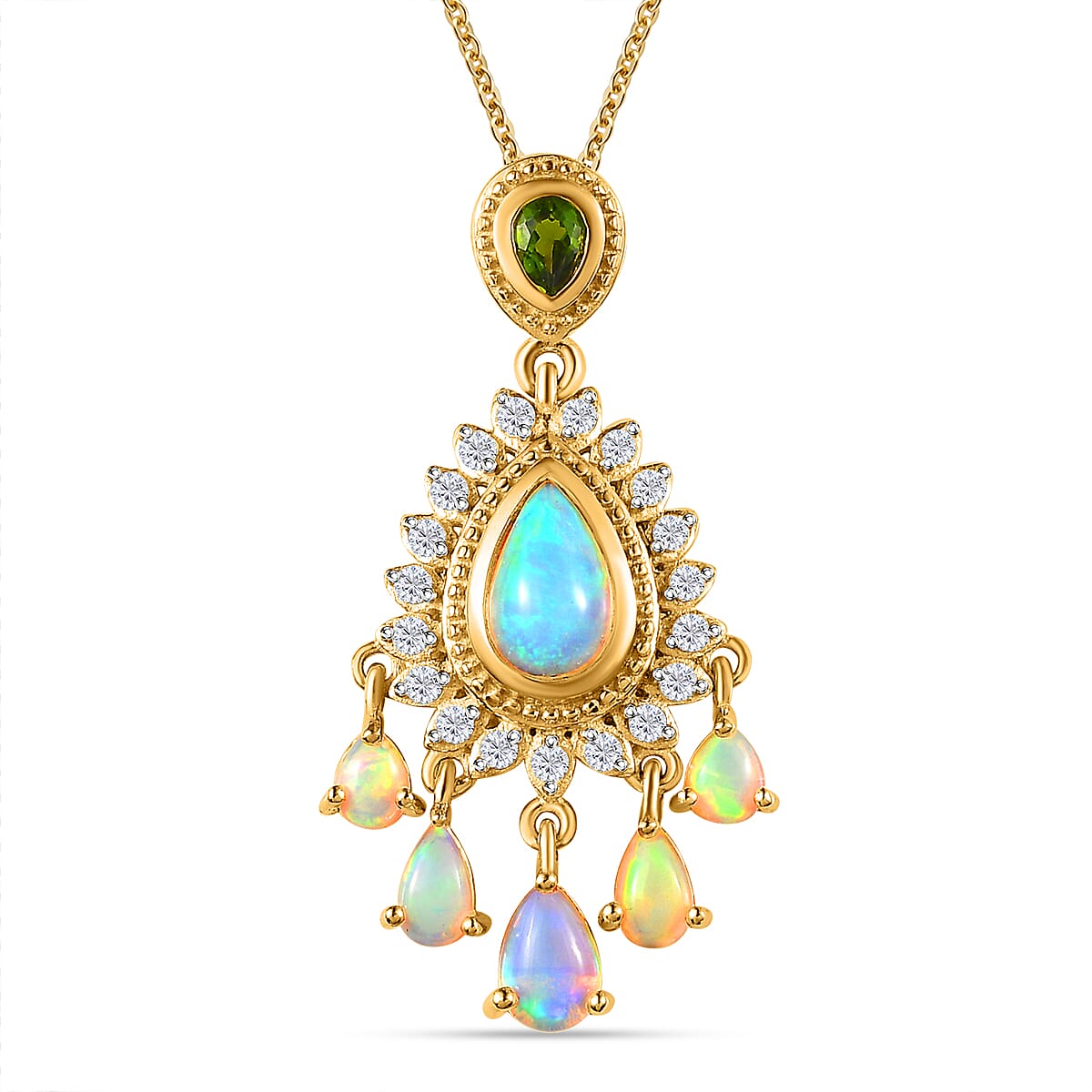 Ethiopian Welo Opal, Natural Zircon &amp; Natural Chrome Diopside Cluster Pendant with Chain (Size 20) in 18K Yellow Gold Vermeil Plated Sterling Silver 1.91 Ct, Silver Wt. 5.62 Gms 4152699 0