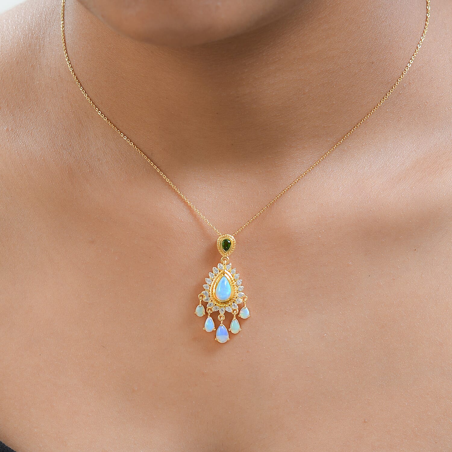 Ethiopian Welo Opal, Natural Zircon &amp; Natural Chrome Diopside Cluster Pendant with Chain (Size 20) in 18K Yellow Gold Vermeil Plated Sterling Silver 1.91 Ct, Silver Wt. 5.62 Gms 4152699 2
