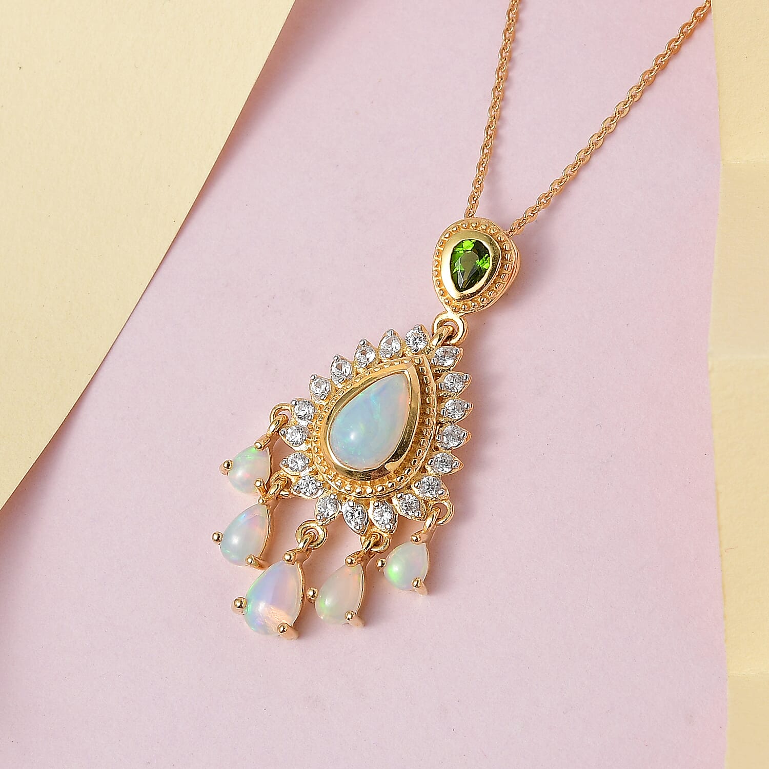 Ethiopian Welo Opal, Natural Zircon &amp; Natural Chrome Diopside Cluster Pendant with Chain (Size 20) in 18K Yellow Gold Vermeil Plated Sterling Silver 1.91 Ct, Silver Wt. 5.62 Gms 4152699 3