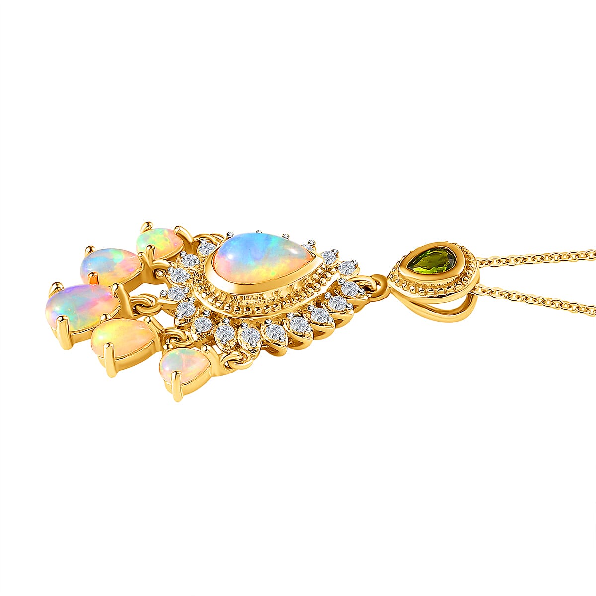 Ethiopian Welo Opal, Natural Zircon &amp; Natural Chrome Diopside Cluster Pendant with Chain (Size 20) in 18K Yellow Gold Vermeil Plated Sterling Silver 1.91 Ct, Silver Wt. 5.62 Gms 4152699 4