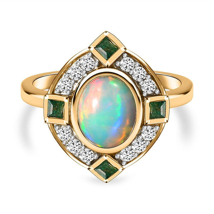 Ethiopian Welo Opal, Natural Cambodian Zircon and Zambian Emerald Ring in 18K Vermeil Yellow Gold Plated Sterling Silver 1.81 Ct. 7324685 1