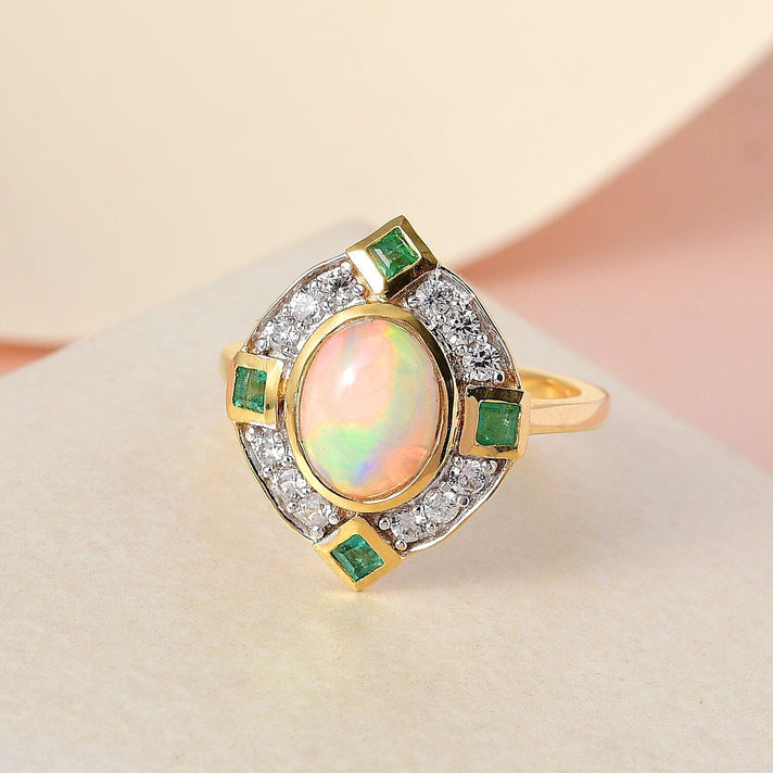 Ethiopian Welo Opal, Natural Cambodian Zircon and Zambian Emerald Ring in 18K Vermeil Yellow Gold Plated Sterling Silver 1.81 Ct. 7324685 2