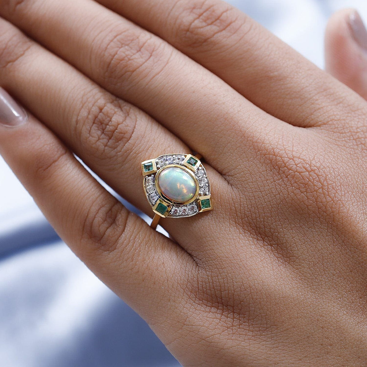 Ethiopian Welo Opal, Natural Cambodian Zircon and Zambian Emerald Ring in 18K Vermeil Yellow Gold Plated Sterling Silver 1.81 Ct. V32706483 5
