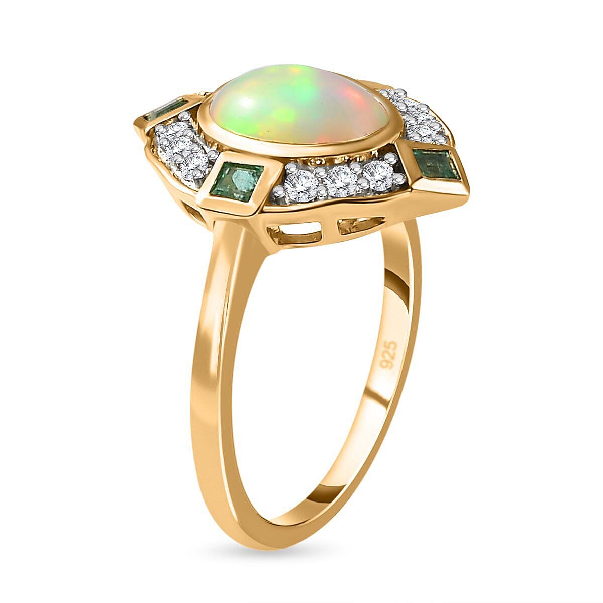 Ethiopian Welo Opal, Natural Cambodian Zircon and Zambian Emerald Ring in 18K Vermeil Yellow Gold Plated Sterling Silver 1.81 Ct. V32706483 9