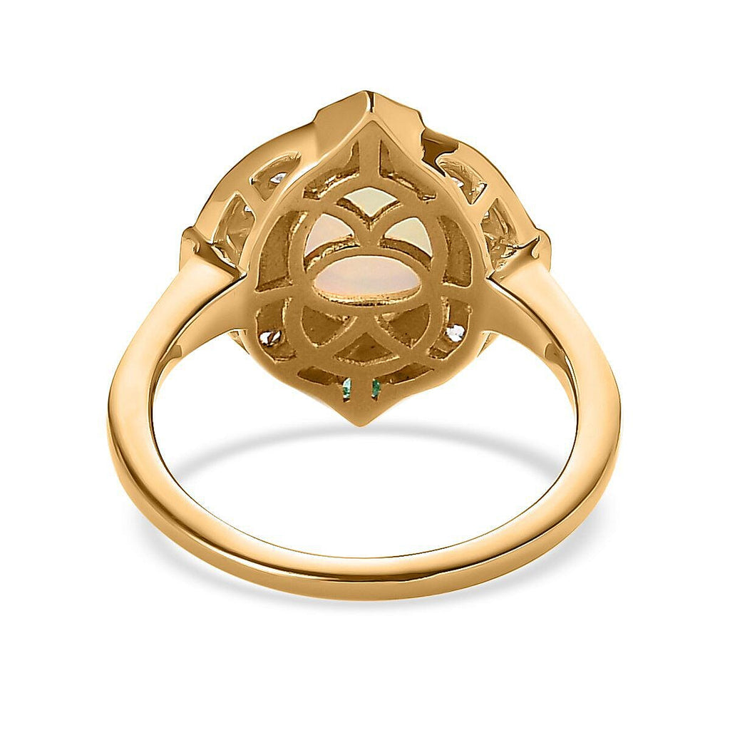 Ethiopian Welo Opal, Natural Zircon & Zambian Emerald Ring in 18K Vermeil Yellow Gold Plated Sterling Silver 1.76 Ct.