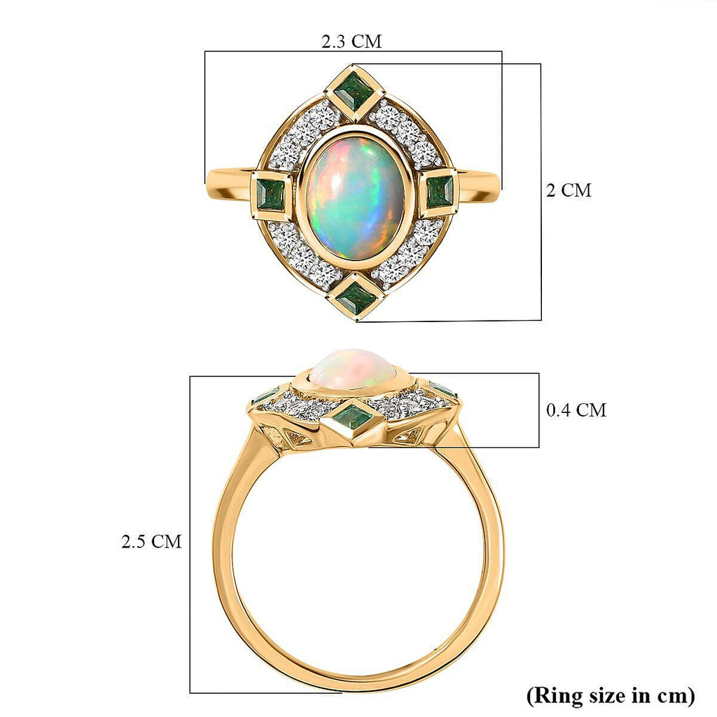 Ethiopian Welo Opal, Natural Zircon & Zambian Emerald Ring in 18K Vermeil Yellow Gold Plated Sterling Silver 1.76 Ct.