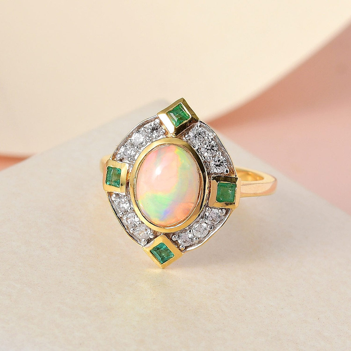 Ethiopian Welo Opal, Natural Cambodian Zircon and Zambian Emerald Ring in 18K Vermeil Yellow Gold Plated Sterling Silver 1.81 Ct. V32706483 4