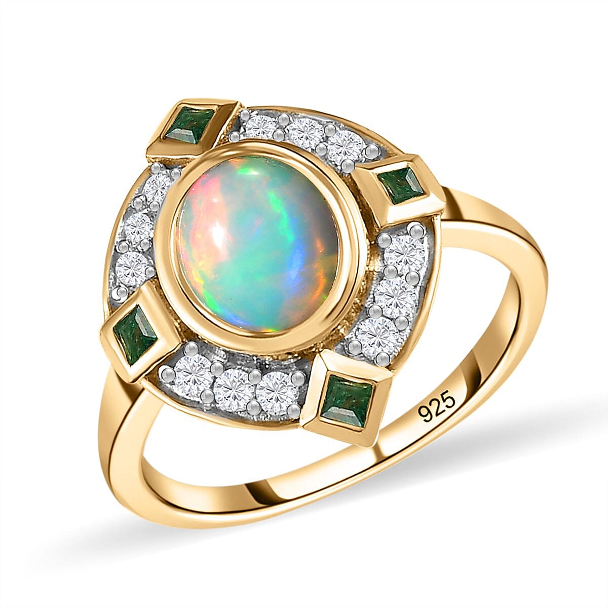 Ethiopian Welo Opal, Natural Cambodian Zircon and Zambian Emerald Ring in 18K Vermeil Yellow Gold Plated Sterling Silver 1.81 Ct. V32706483 8