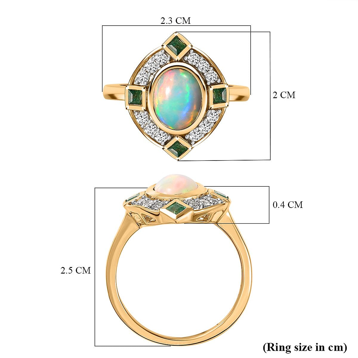 Ethiopian Welo Opal, Natural Cambodian Zircon and Zambian Emerald Ring in 18K Vermeil Yellow Gold Plated Sterling Silver 1.81 Ct. V32706483 14