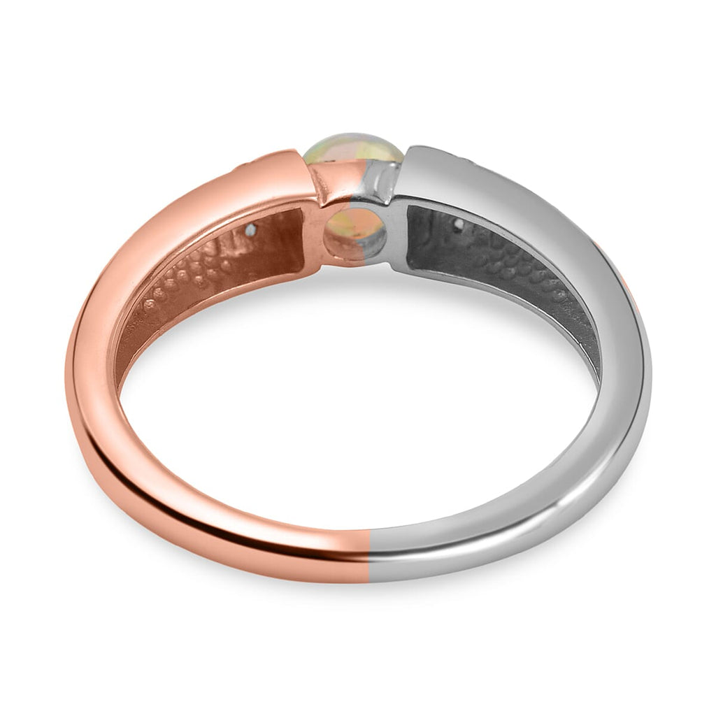 Ethiopian Welo Opal & Natural Zircon Ring in Platinum & 18K Rose Gold Vermeil Plated Sterling Silver