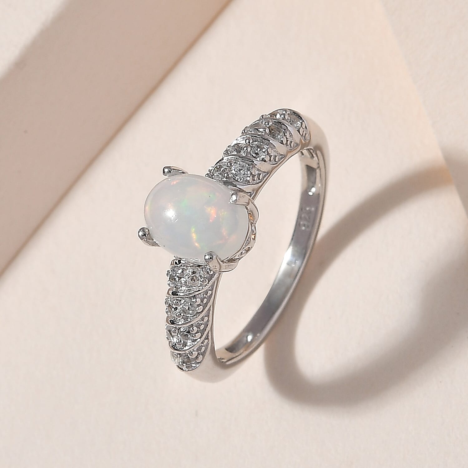 Ethiopian Welo Opal &amp; Natural Zircon Ring in Platinum Overlay Sterling Silver 1.15 7577662 2