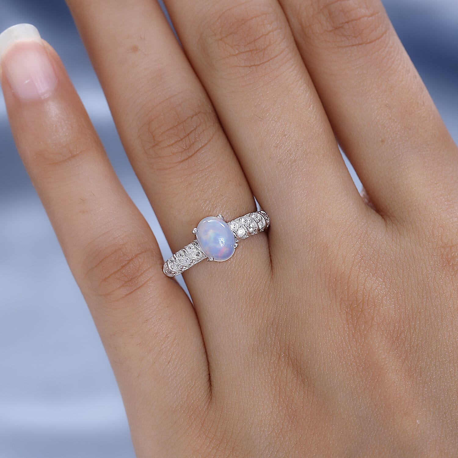 Ethiopian Welo Opal &amp; Natural Zircon Ring in Platinum Overlay Sterling Silver 1.15 7577662 3
