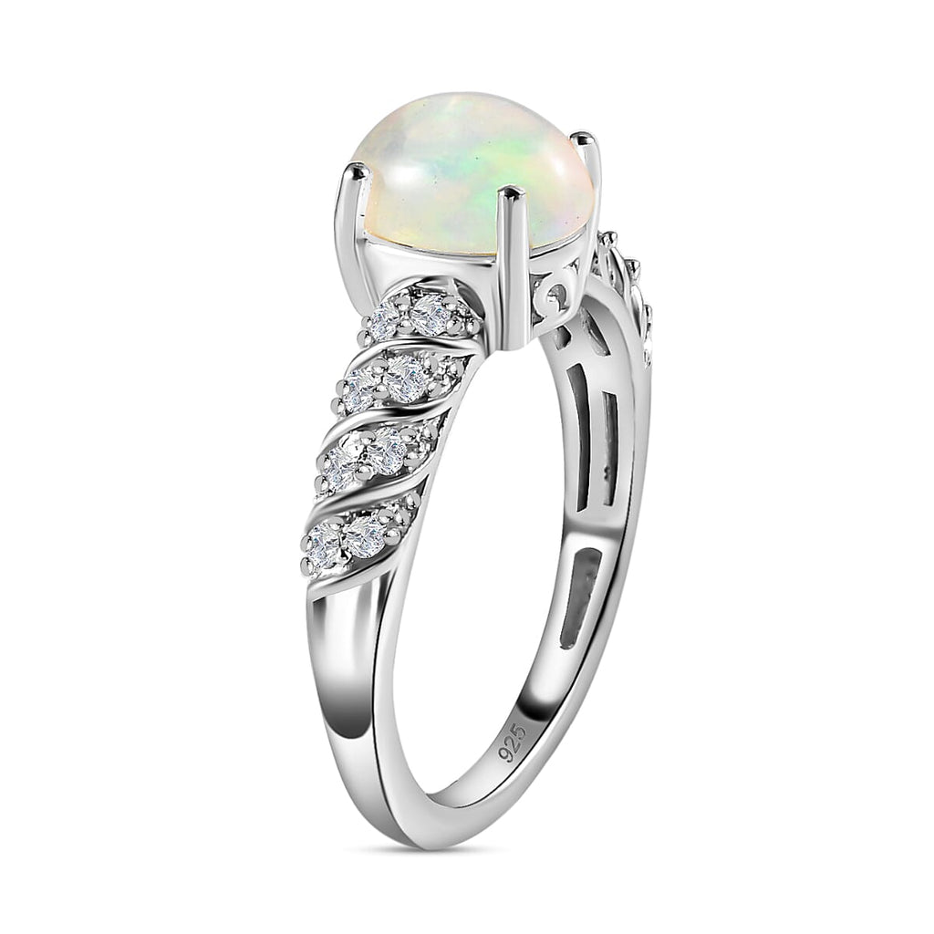 Ethiopian Welo Opal & Natural Zircon Ring in Platinum Overlay Sterling Silver 1.15