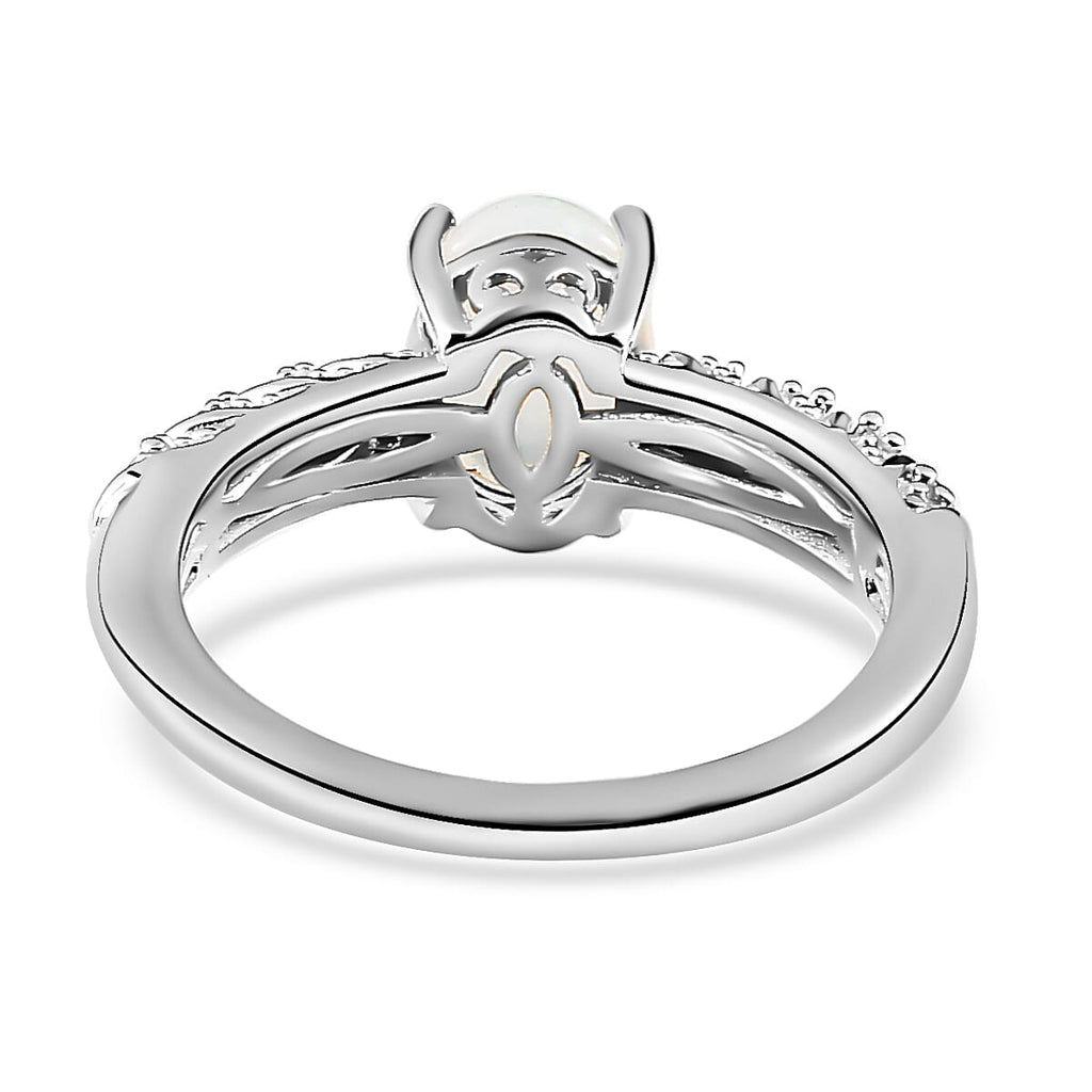 Ethiopian Welo Opal & Natural Zircon Ring in Platinum Overlay Sterling Silver 1.15