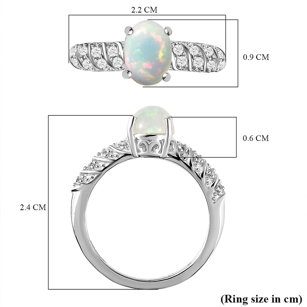 Ethiopian Welo Opal & Natural Zircon Ring in Platinum Overlay Sterling Silver 1.15