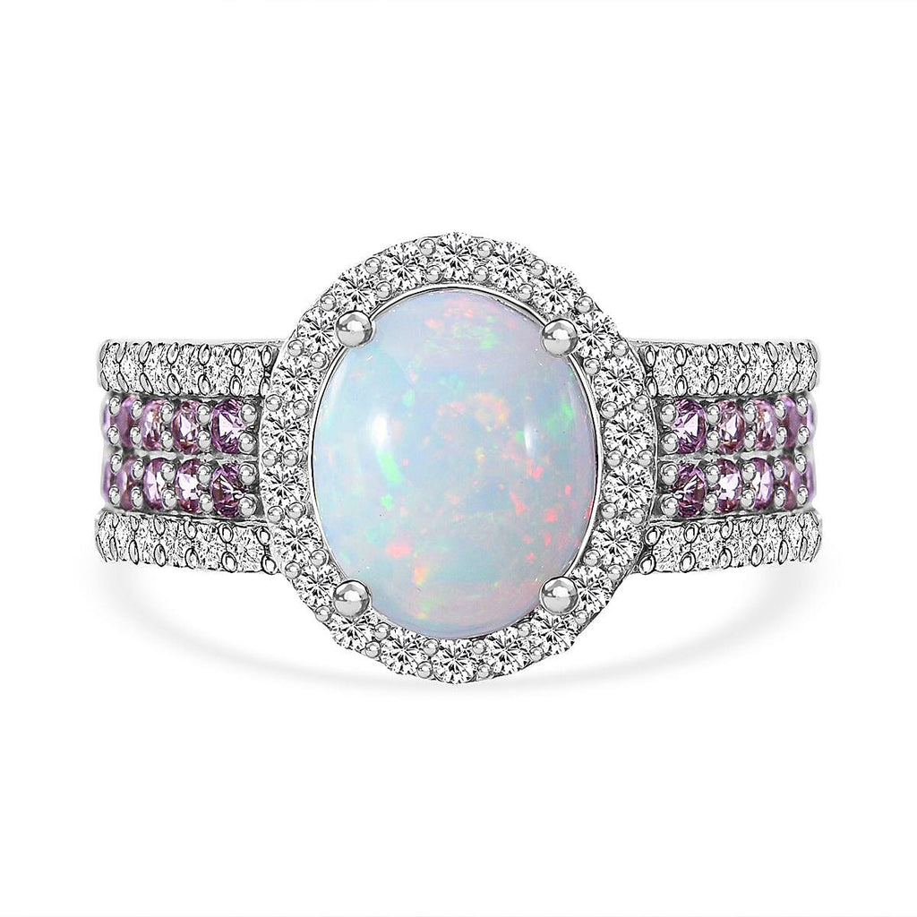 Ethiopian Welo Opal, Pink Sapphire and Natural Zircon Oval Cut Halo Ring in Rhodium Overlay Sterling Silver 3.82 Ct