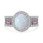 Ethiopian Welo Opal, Pink Sapphire and Natural Zircon Oval Cut Halo Ring in Rhodium Overlay Sterling Silver 3.82 Ct