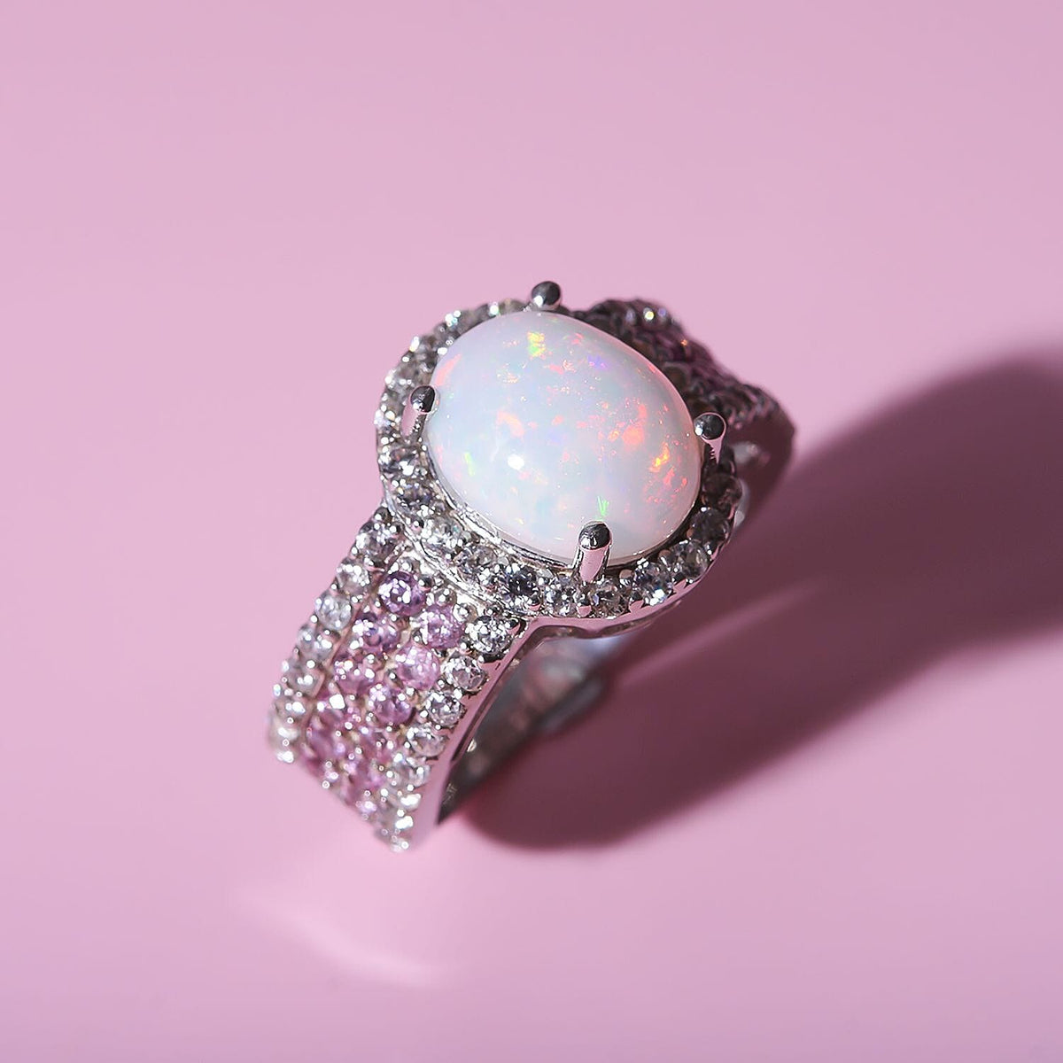 Ethiopian Welo Opal, Pink Sapphire and Natural Zircon Oval Cut Halo Ring in Rhodium Overlay Sterling Silver 3.82 Ct 7257089 4
