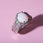 Ethiopian Welo Opal, Pink Sapphire and Natural Zircon Oval Cut Halo Ring in Rhodium Overlay Sterling Silver 3.82 Ct