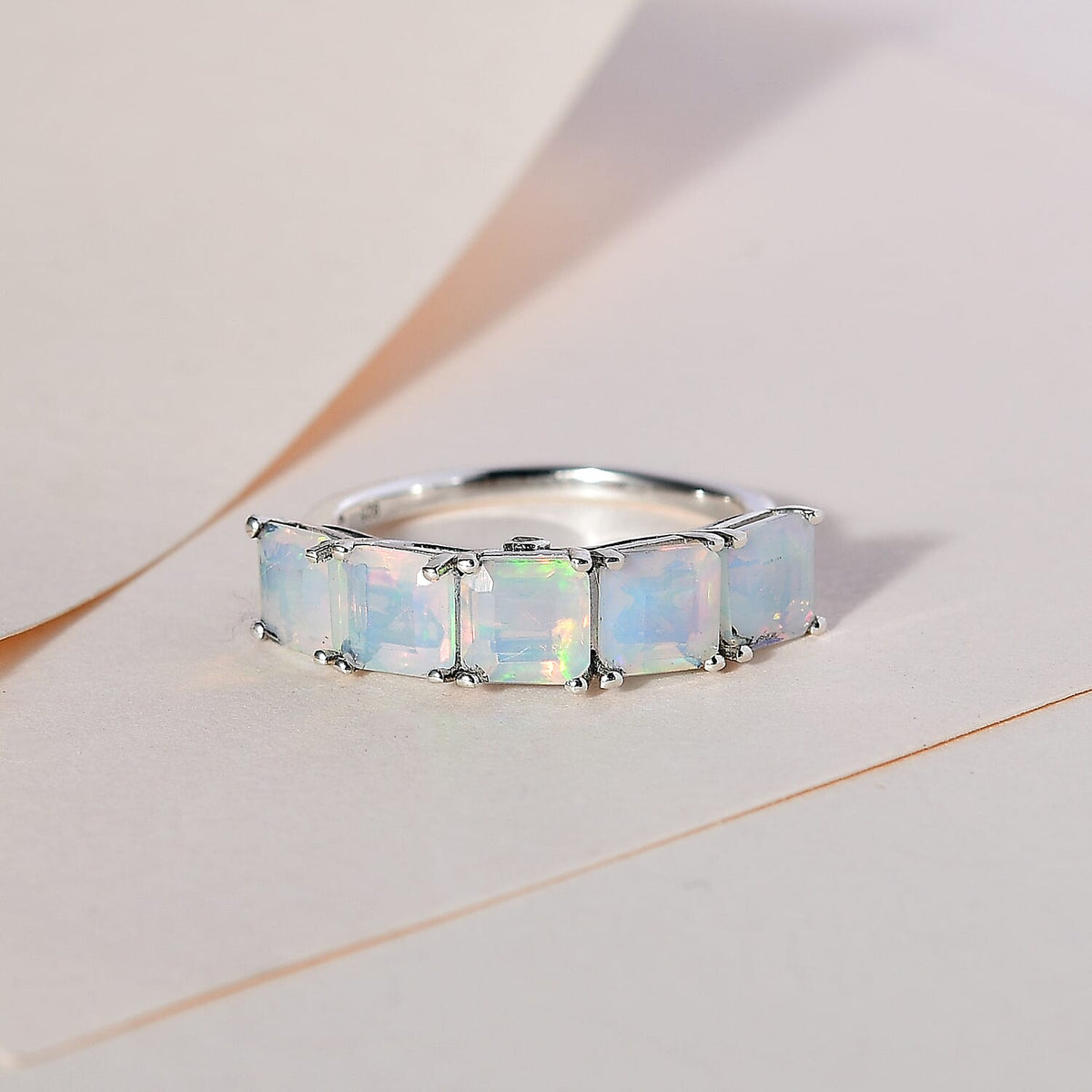 Ethiopian Welo Opal and Diamond 5 Stone Ring in Platinum Overlay Sterling Silver 7578673 1