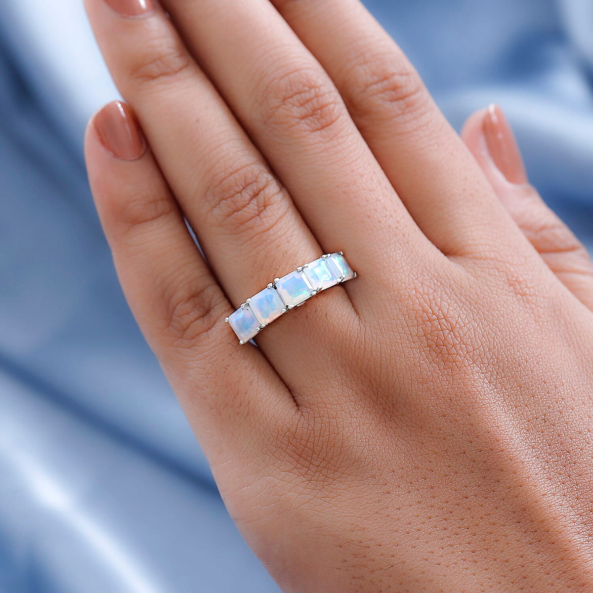 Ethiopian Welo Opal and Diamond 5 Stone Ring in Platinum Overlay Sterling Silver 7578673 2