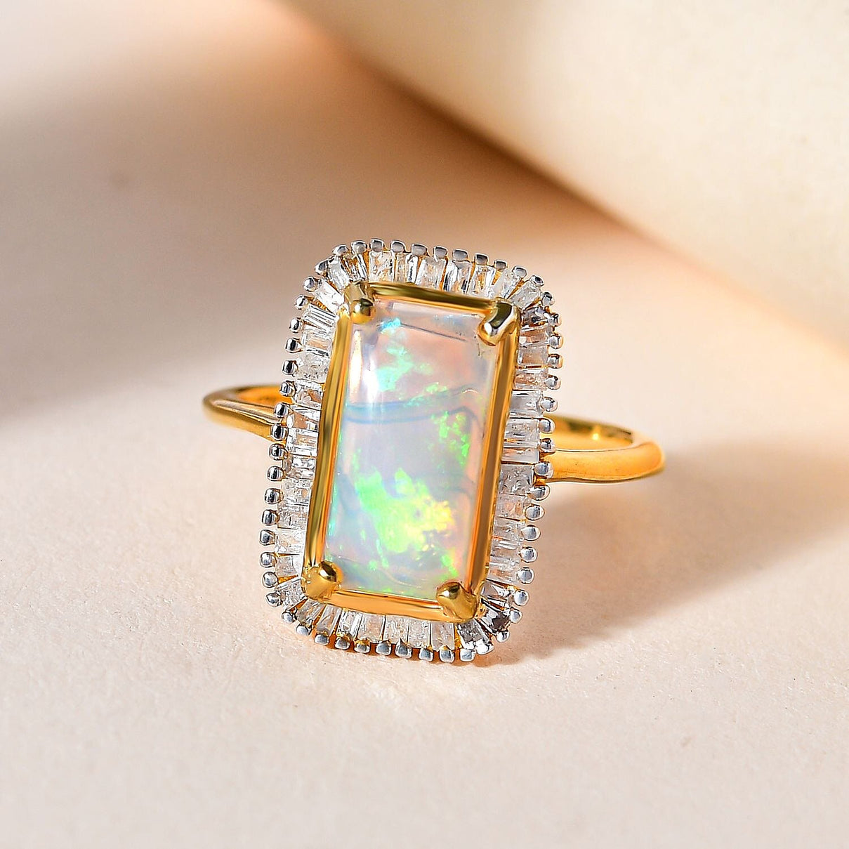Ethiopian Welo Opal and Diamond Halo Ring in 18K Vermeil Yellow Gold Plated Sterling Silver 7485999 7