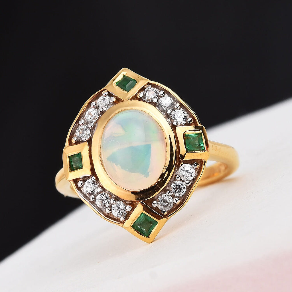 Ethiopian Welo Opal, Kagem Zambian Emerald and Natural Cambodian Zircon Ring in 14K Gold Overlay Sterling Silver 1.75 Ct.