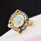 Ethiopian Welo Opal, Kagem Zambian Emerald and Natural Cambodian Zircon Ring in 14K Gold Overlay Sterling Silver 1.75 Ct.