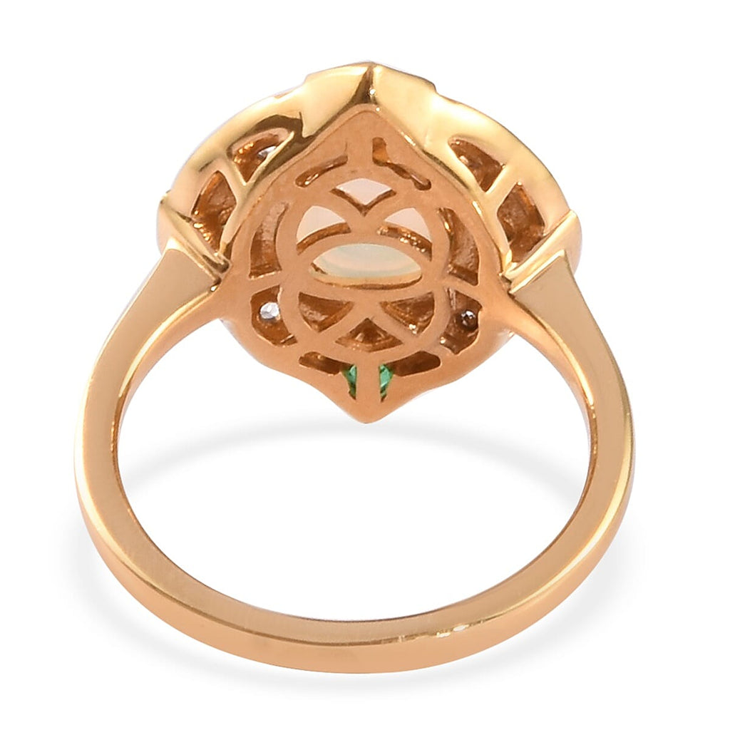 Ethiopian Welo Opal, Kagem Zambian Emerald and Natural Cambodian Zircon Ring in 14K Gold Overlay Sterling Silver 1.75 Ct.